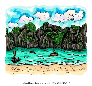 Vector illustration of sketch hand drawn colorful tropical landscape. Jungle, sea, ocean, mountains, beach, sky, paradise, summer, palm, tree, boat, Thailand, island, exotic nature. 