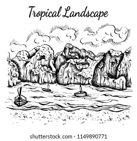 Vector illustration of sketch hand drawn  tropical landscape. Jungle, sea, ocean, mountains, beach, sky, paradise, summer, tree, boat, Thailand, island, exotic nature, Vintage background.