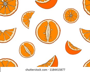 Vector illustration of sketch hand drawn pattern with colorful oranges and slice orange. Fresh fruits, citrus, Italy, Spain, mandarins. Organic food label. Vintage style, food wallpaper.