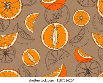 Vector illustration of sketch hand drawn pattern with colorful oranges and slice orange. Fresh fruits, citrus, Italy, Spain, mandarins. Organic food label. Vintage style, food wallpaper.