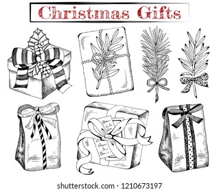 Vector illustration of sketch hand drawn set of Christmas gifts and Christmas tree. Vintage foliage, New Year present, gift, Holiday background.