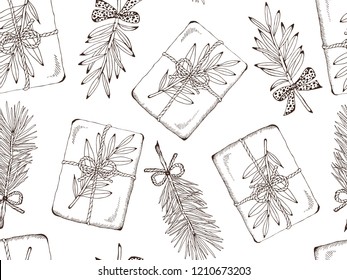 Vector illustration of sketch hand drawn pattern with Christmas gifts and Christmas tree. Vintage foliage, New Year present, gift, Holiday background, Retro wallpaper.