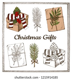 Vector illustration of sketch hand drawn set of colorful Christmas gifts and Christmas tree. Vintage foliage, New Year present, gift, Holiday background.