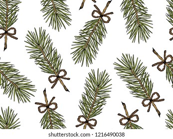 Vector illustration of sketch hand drawn pattern with colorful Christmas tree. Vintage foliage, New Year present, gift, Holiday background, Retro wallpaper.