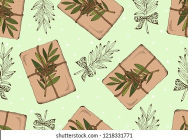 Vector illustration of sketch hand drawn pattern with colorful Christmas gifts and Christmas tree. Vintage foliage, New Year present, gift, Holiday background, Retro wallpaper.