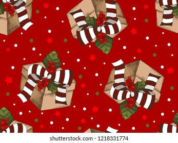 Vector illustration of sketch hand drawn pattern with colorful Christmas gifts and Christmas tree. Vintage foliage, New Year present, gift, Holiday red background, Retro wallpaper.