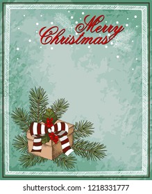 Vector illustration of sketch hand drawn  colorful poster Merry Christmas with gifts and Christmas tree. Vintage foliage, New Year present, gift, Holiday background.