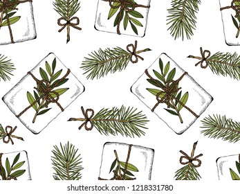 Vector illustration of sketch hand drawn pattern with colorful Christmas gifts and Christmas tree. Vintage foliage, New Year present, gift, Holiday background, Retro wallpaper.