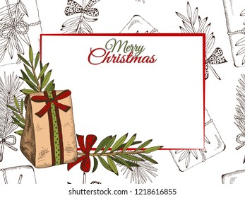 Vector illustration of sketch hand drawn  colorful poster Merry Christmas with gifts and Christmas tree. Vintage foliage, New Year present, gift, Holiday background.