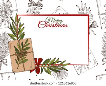 Vector illustration of sketch hand drawn  colorful poster Merry Christmas with gifts and Christmas tree. Vintage foliage, New Year present, gift, Holiday background.