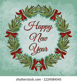 Vector illustration of sketch hand drawn poster of green Christmas wreath with red bows and fir branches . Winter floral vintage blue background, Holiday round frame, Happy New Year Text, EPS10.