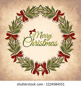 Vektorgrafik eines handgezeichneten Plakats mit grünem Weihnachtskranz mit roten Schleifen und Tannenzweigen . Winterblumenhintergrund, Feiertagsrunder Rahmen, Fröhlicher Weihnachtstext, EPS10.