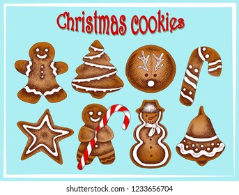 Vector illustration of sketch hand drawn set Christmas colorful cookies with candy. Gingerbread man, snowflake, sock, Christmas tree, star, snowman, deer. Vintage design of traditional holiday food.