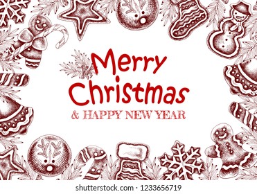 Vector illustration of sketch hand drawn Merry Christmas  Happy New Year  holiday greeting card with cookies, gingerbread and candy on white background. Vintage frame, xmas poster, banner, border.
