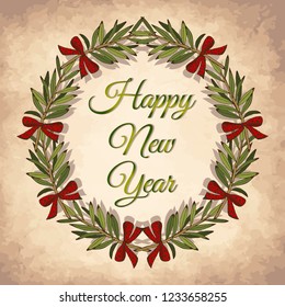 Vector illustration of sketch hand drawn poster of green Christmas wreath with red bows and fir branches . Winter floral vintage background, Holiday round frame, Happy New Year Text, EPS10.