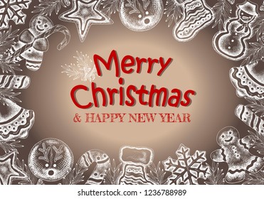 Vector illustration of sketch hand drawn Merry Christmas  Happy New Year  holiday greeting card with cookies, gingerbread and candy. Vintage frame, xmas poster, banner, border.