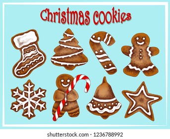 Vector illustration of sketch hand drawn set Christmas colorful cookies with candy. Gingerbread man, snowflake, sock, Christmas tree, star, snowman. Vintage design of traditional holiday food.