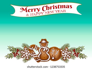 Vector illustration of sketch hand drawn poster Merry Christmas  Happy New Year in vintage style with colorful cookie, gingerbread, candy, Christmas tree, snowflake, snowman. Holiday greeting card.