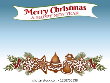 Vector illustration of sketch hand drawn poster Merry Christmas  Happy New Year in vintage style with colorful glased cookie, gingerbread, candy, Christmas tree, snowflake. Holiday greeting card.