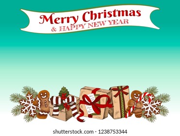 Vector illustration of sketch hand drawn poster Merry Christmas  Happy New Year in vintage style with colorful gifts, cookie, gingerbread, candy, Christmas tree, snowflake. Holiday greeting card.
