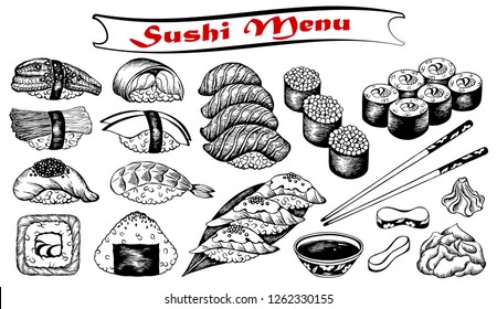  Vector illustration of sketch hand drawn set of sushi menu. Japanese, Chinese, Korean, asian food. Wasabi, ginger, soy sauce, onigiri, rice, fish, salmon, eel, avocado, caviar, roll, shrimp, sashimi.