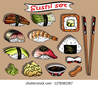 Vector illustration of sketch hand drawn set of sushi menu. Japanese, Chinese, Korean, asian food. Wasabi, ginger, soy sauce, onigiri, rice, fish, salmon, eel, avocado, caviar, roll, shrimp, chopstick