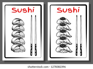 Vector illustration of sketch hand drawn set of sushi menu for restaurant, cafe, shop. Japanese, Chinese, Korean, asian food. Rice, fish, salmon, eel, caviar, roll, sashimi, chopstick.