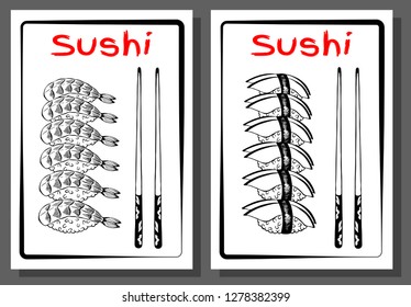 Vector illustration of sketch hand drawn set of sushi menu for restaurant, cafe, shop. Japanese, Chinese, Korean, asian food. Rice, fish, salmon, avocado, caviar, roll, shrimp, sashimi, chopstick.