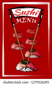 Vector illustration of sketch hand drawn poster of roll sushi menu for restaurant, cafe, shop. Japanese, Chinese, Korean, asian food Rice, red fish, tuna, caviar, salmon , chopstick.Vintage background