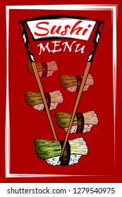 Vector illustration of sketch hand drawn poster of sushi menu for restaurant, cafe, shop. Japanese, Chinese, Korean, traditional asian food. Rice, fish, soy sauce, nori, chopstick. Vintage background