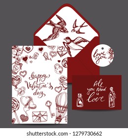Vector illustration sketch hand drawn elements. Romantic, love, hearts, sweets, flowers, gifts. Card Valentine's day.