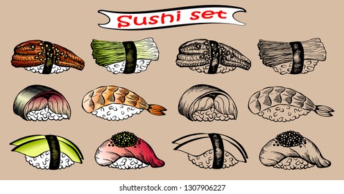 Vector illustration of sketch hand drawn set of sushi menu. Japanese, Chinese, Korean, asian food. Wasabi, ginger, soy sauce, onigiri, rice, fish, salmon, eel, avocado, caviar, roll, shrimp, chopstick