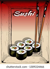 Vector illustration of sketch hand drawn poster of roll sushi menu for restaurant, cafe, shop. Japanese, Chinese, Korean, asian food. Rice, fish, nori, avocado, salmon , chopstick.Vintage background