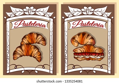 Vector illustration of sketch hand drawn poster with croissants. Vintage bakery background. Croissant with strawberry. Flyer, banner, dessert menu, pastry shop, grocery, pasteleria. Linear graphic.