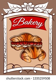 Vector illustration of sketch hand drawn poster with croissants. Vintage bakery shop background. Croissant with strawberry. Flyer, banner, dessert menu, pastry shop, grocery. Linear graphic, engraved.