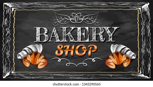 Vector illustration of sketch hand drawn poster with croissants. Vintage bakery shop background. Croissant with filling, custard, cream. Flyer, banner, dessert menu, pastry shop, grocery. Chalkboard.