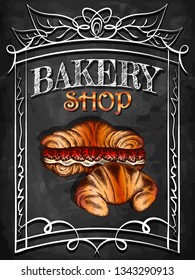 Vector illustration of sketch hand drawn poster with croissants. Vintage bakery shop background. Croissant with strawberry, custard. Flyer, banner, dessert menu, pastry shop, grocery. Chalkboard.