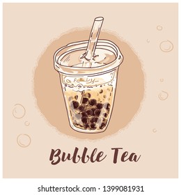 Vector Illustration Sketch. Hand Drawn Summer Drink,  Tapioca Pearl Milk Tea.