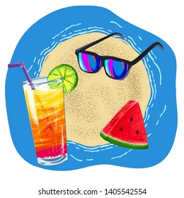 Vector illustration sketch. Hand drawn summer objects. Included sun glasses, watermelon and drink.