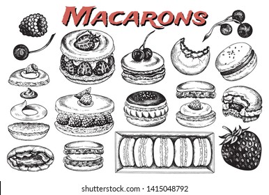 Vector illustration of sketch hand drawn set of macarons. French pastry macaron with berries, chocolate, cream, fruits, cherry, strawberry. Dessert, macaroon, sweets for menu design, restaurants, shop