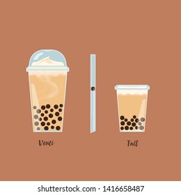 Vector illustration sketch. Hand drawn Tapioca pearl milk tea. Included straw，Venti and Tall size.