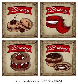 Vector illustration of sketch hand drawn set of bakery poster with macarons. Macaron with strawberry, cherry, chocolate, cream. Velvet macaroon background