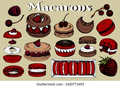 Vector illustration of sketch hand drawn set of macarons. French pastry macaron with berries, chocolate, cream, fruits, cherry, strawberry. Dessert, macaroon, sweets for menu design, restaurants, shop