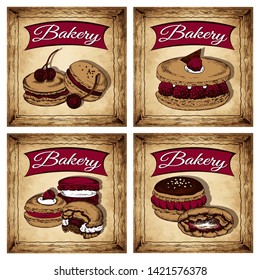 Vector illustration of sketch hand drawn set of bakery poster with macarons. Macaron with raspberry, cherry, chocolate, cream. Macaroon vintage background for menu, restaurant, cafe, flyer.