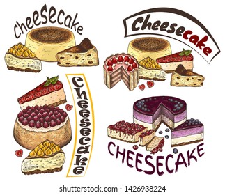 Vector illustration of sketch hand drawn logo cheesecake with strawberry, cherry, blackberry. Bakery, pastry, sweet cake background, Vintage label, flyer, menu, cafe, restaurant, shop, confectionery.