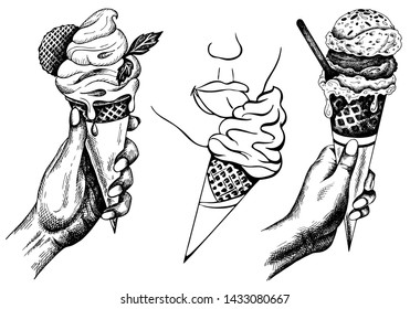 Vector illustration of sketch hand drawn human hand holds and eating ice cream cone in vintage engraved style isolated on white background. Label italian gelato, menu, retro logo gelateria, cafeteria.