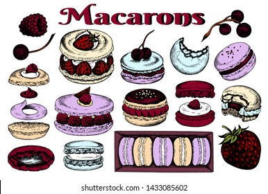 Vector illustration of sketch hand drawn set of macarons. French pastry macaron with berries, chocolate, cream, fruits, cherry, strawberry. Dessert, macaroon, sweets for menu design, restaurants, shop