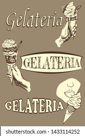 Vector illustration of sketch hand drawn retro logo of Gelateria with italian ice cream gelato. Sweet retro dessert emblem for cafeteria, bar, shop.