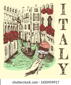 Vector illustration of sketch hand drawn view Venice in vintage style. Retro Italy, Venezia architecture, Italia, gondola, ice cream, gelato,. Advertising poster, banner,  landmark, engraved postmark.