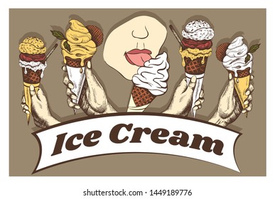 Vector illustration of sketch hand drawn  poster of human hand holds and lick sweet ice cream in vintage engraving style. Retro baner, logo, shop, badges, label. Italian gelato dessert. 